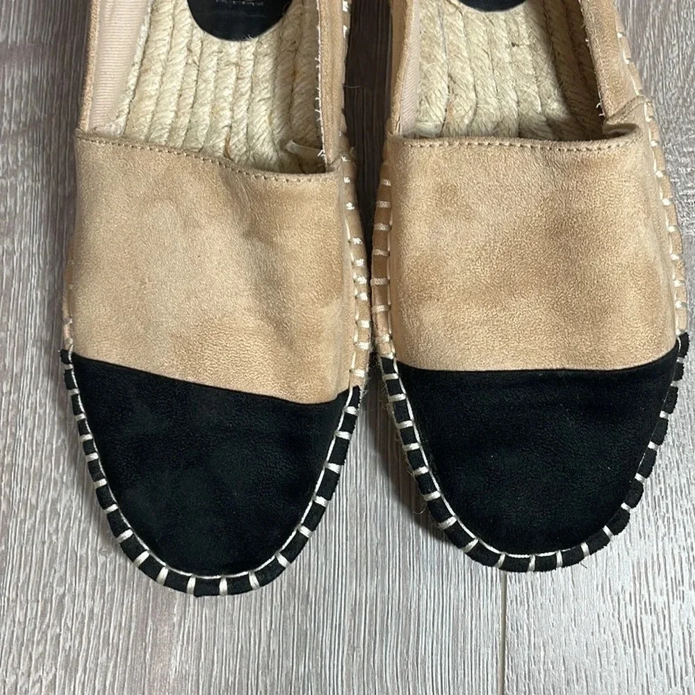 Zara Basic Faux Suede Espadrilles Slip On Flats Black Tan 8.5 (39)